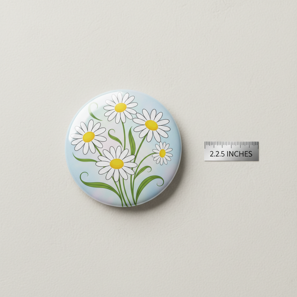 2.25-inch round April birthday flower Pin Button with light blue daisies and yellow centers