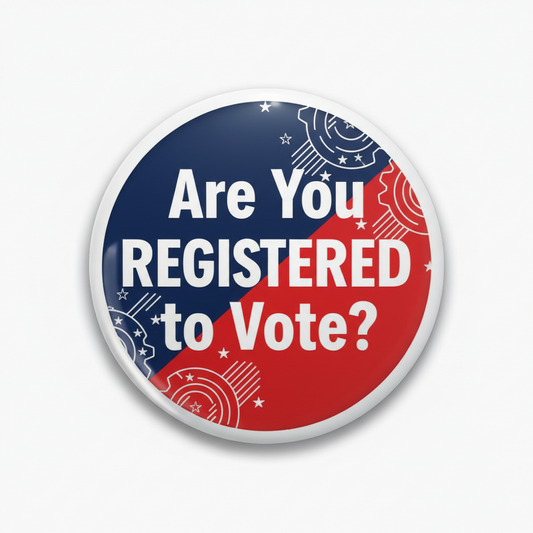Round pinback button with blue/red stars and text "Are You REGISTERED to Vote?"