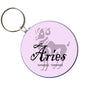 Aries zodiac bottle opener keychain with round purple charm, Aries graphic and text