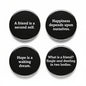 Set of 4 black pinback buttons with white philosopher quote text, including back-side view