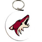 Coyote bottle opener keychain, circular loop with red coyote graphic