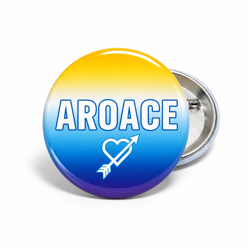 Round Aroace Pin Button with blue-purple gradient, 'AROACE' and heart-arrow logo