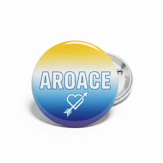 Round Aroace pinback button with blue-purple gradient, 'AROACE' and heart-arrow logo