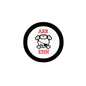 Round pirate pinback button with black rim, white center, red ARR/ENN text and cartoon pirate