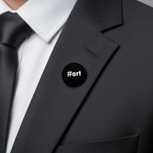 Black pinback button with #art text clipped to a suit lapel