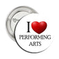 Performing arts pinback button with red heart and black 'I ♥ PERFORMING ARTS' text