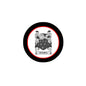 3-inch round coat of arms pinback with black rim and Arundell crest, red and white center