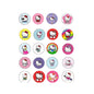 Assorted Hello Kitty pinback buttons, round enamel-style designs in mixed colors