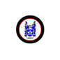 Circular family crest pinback with black edge, red border, blue shield emblem, Ashley text