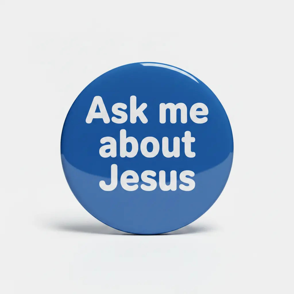 Ask me about Jesus blue Pinback 2.25-inch