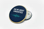 Round navy linguistics pinback with 'ASK ME ABOUT LINGUISTICS' text and silver clasp