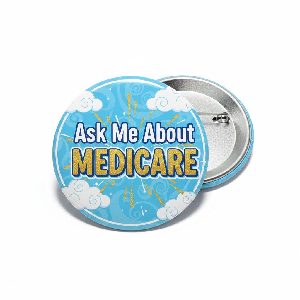 2.25-inch Pin Button: 'Ask Me About MEDICARE' blue cloud design