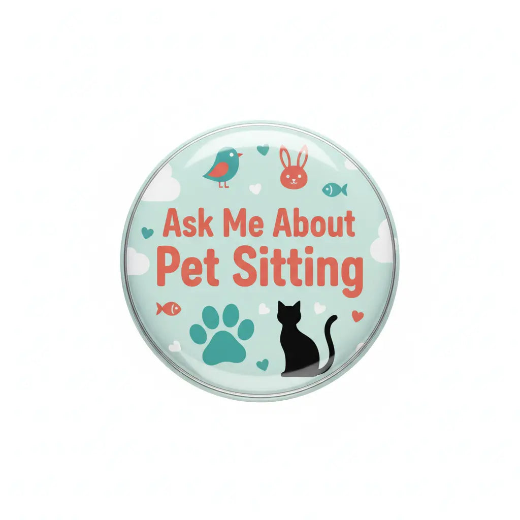 Round pinback button with cat silhouette and 'Ask Me About Pet Sitting' text