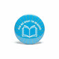 2.25-inch blue round pinback button with open book and 'Ask me what I'm reading'.