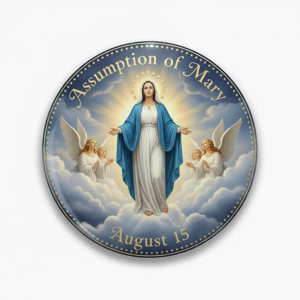 2.25-inch pinback button featuring Mary in blue robe with angels and text 'August 15'