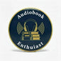 Round audiobook enthusiast pinback button, blue face with gold border and headphones/books graphic.