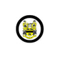Audley family crest pinback: circular black border with yellow shield coat of arms