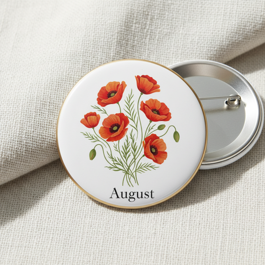 August birthday flower pinback button with orange poppy design and back pin clasp