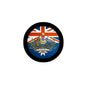 Round Australia flag crest pinback with colorful coat of arms and gold border