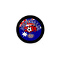 Round Australia 2018 soccer pinback with black rim, blue center, soccer ball and stars