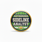 A round, gold-rimmed badge or pin featuring a football field graphic in green and navy blue with the text 'AUTHORIZED SIDLINE ANALYST' and a small football icon at the bottom.