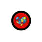 2.25-inch round heart pin with red background and multicolor puzzle-piece design
