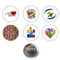 Set of six 1.25-inch autism pinback buttons with colorful round puzzle designs