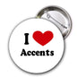 Round pinback button, white face with red heart and "I Love Accents" text