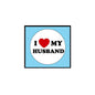 Blue square pinback button with white circle, red heart, and text 'I love my HUSBAND'