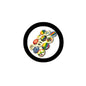 Round pinback badge with colorful icons and a black border ring
