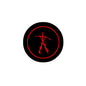 2.25-inch round pinback pin, black with red border and red silhouette dancer graphic