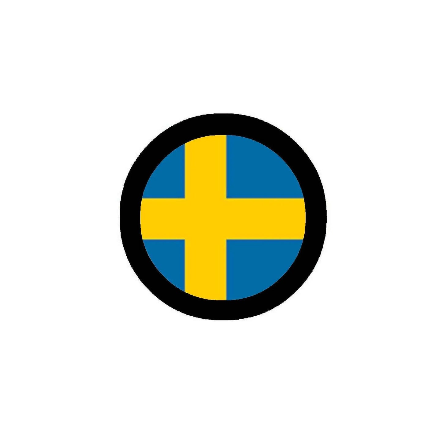 Round Sweden flag pin badge with black border, blue field, and yellow Nordic cross