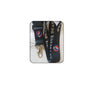 Printed black lanyard with circular logo and metal key clip