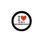 Round pinback button with black border, white face, "I ♥ to be a mathematician"