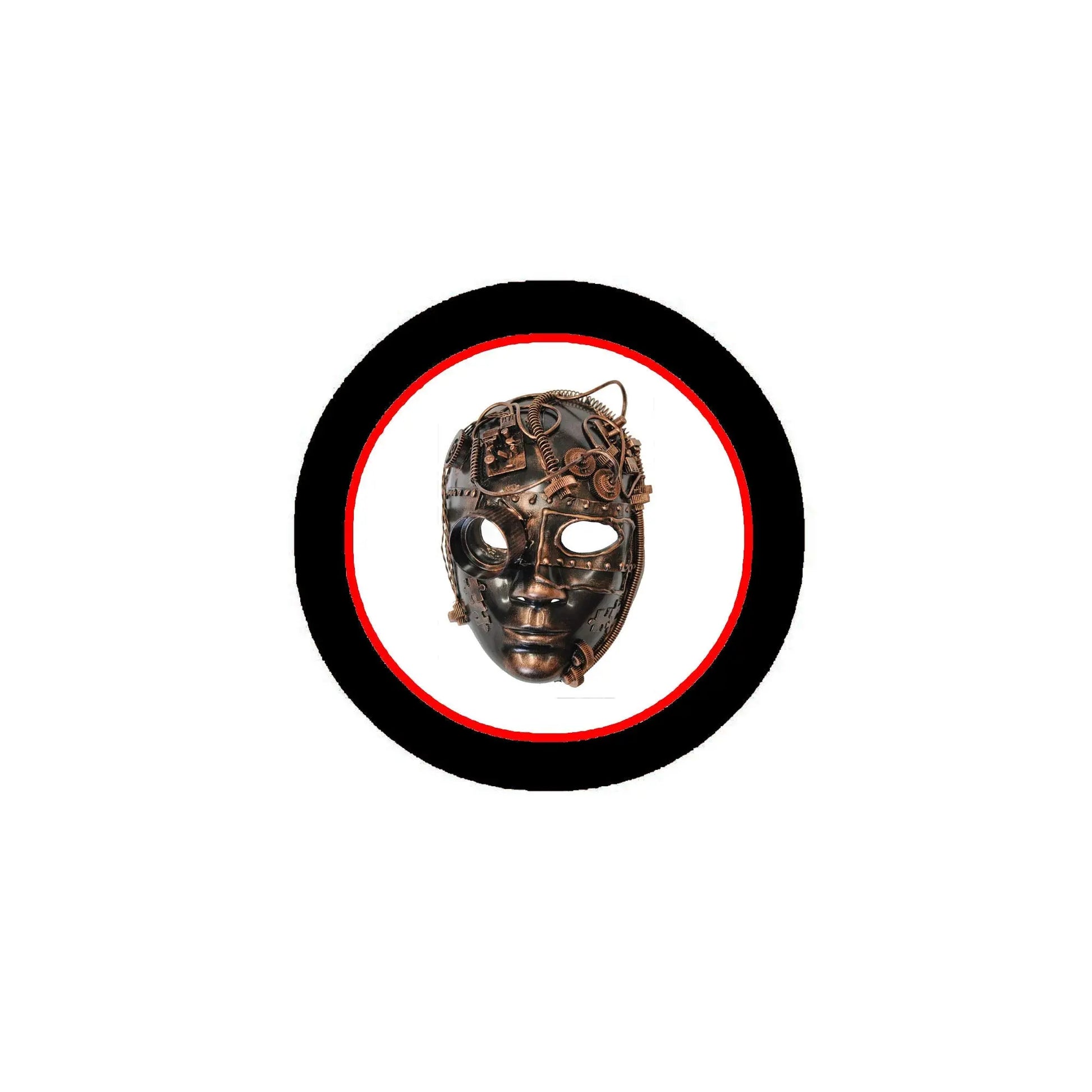 Steampunk gas mask pinback with metallic face and gears, in round black frame