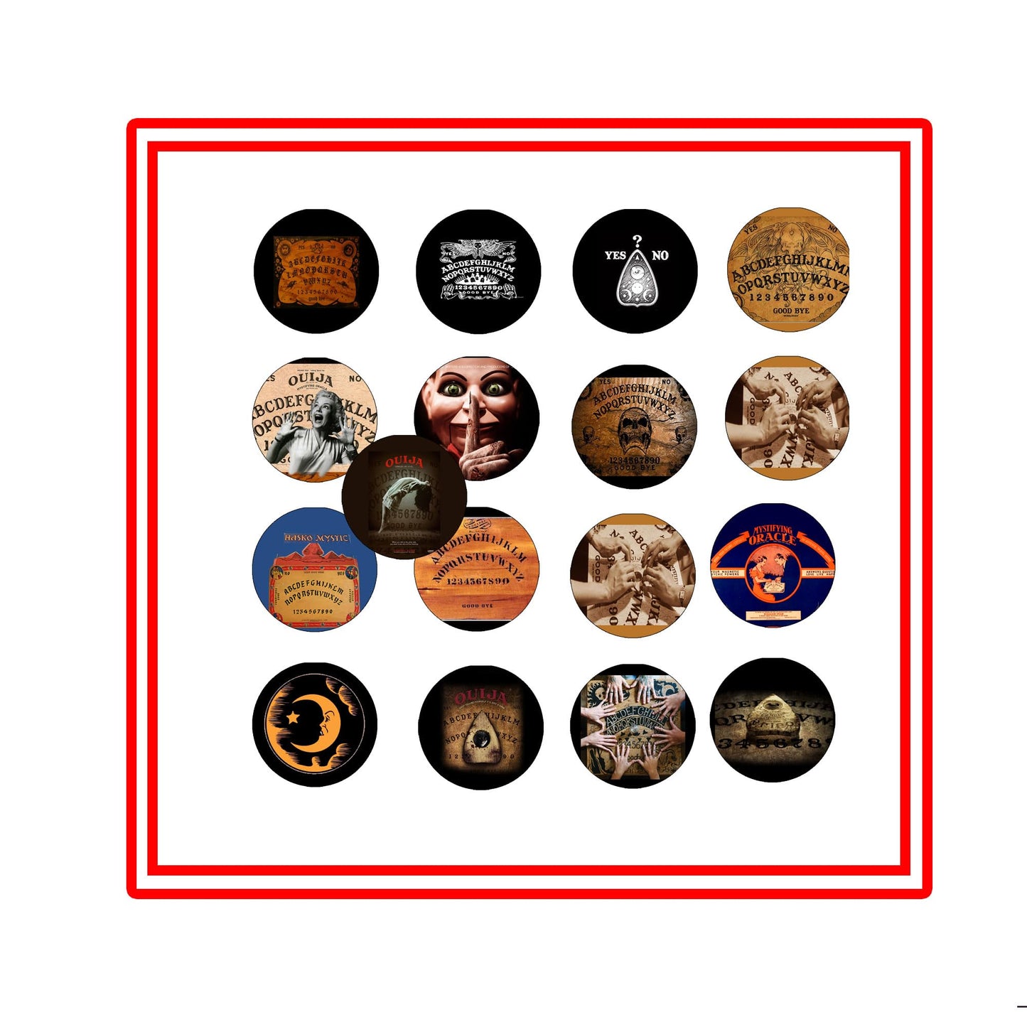 17 Pcs Ouija Boards Taboos Creepy Spooky Pinbacks for Jackets, Backpacks, etc.