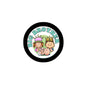 Round Big Brother pinback button with black rim and colorful cartoon kings and baby