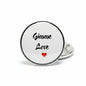 Gimme Love pin-back badge with white round face, black lettering, and red heart