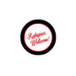 2.25-inch round pinback button with “Refugees Welcome!” in red on white