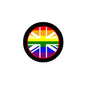 Rainbow Pride Union Jack pinback button with circular black rim, 2.25-inch