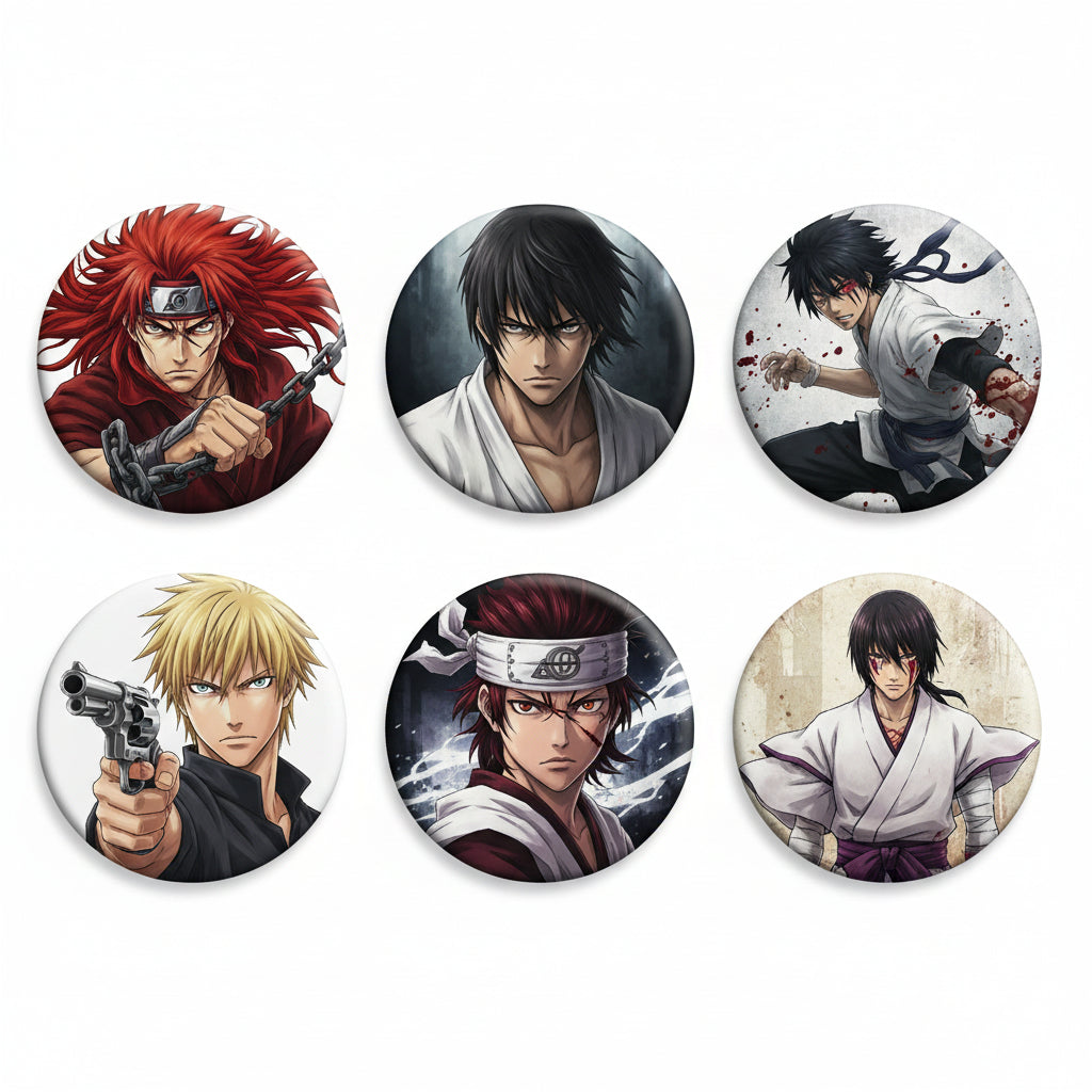 Set of six round anime character pinback buttons, 1.25-inch
