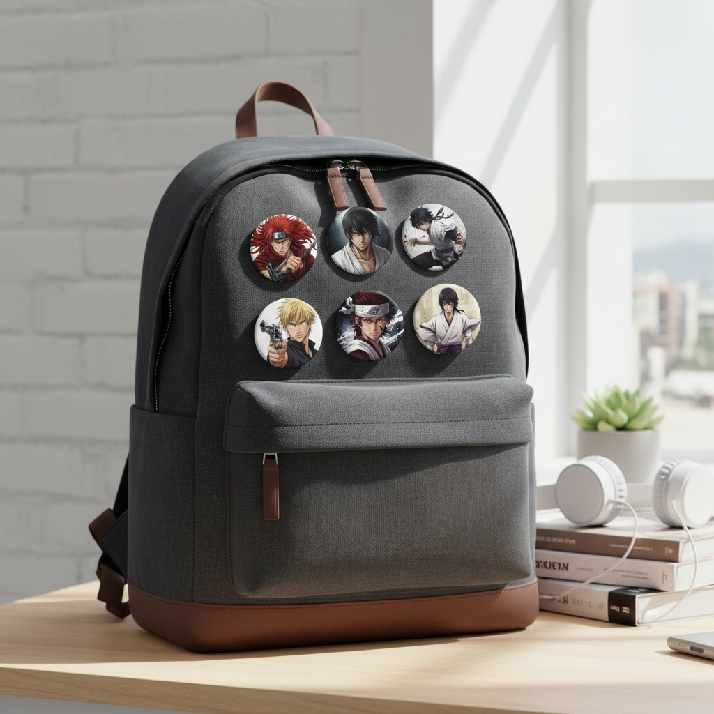 Black backpack with six round anime character pinback buttons on front pocket