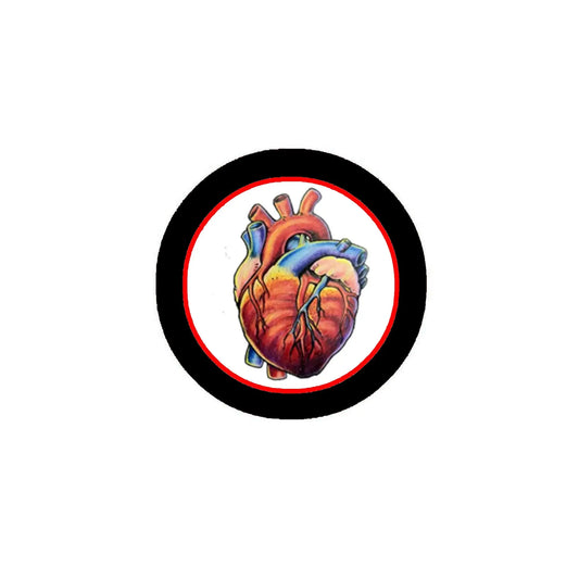 Anatomically correct human heart pinback button with black ring and colored heart illustration