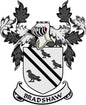 Round family crest enamel pin with Bradshaw banner, shield, and birds