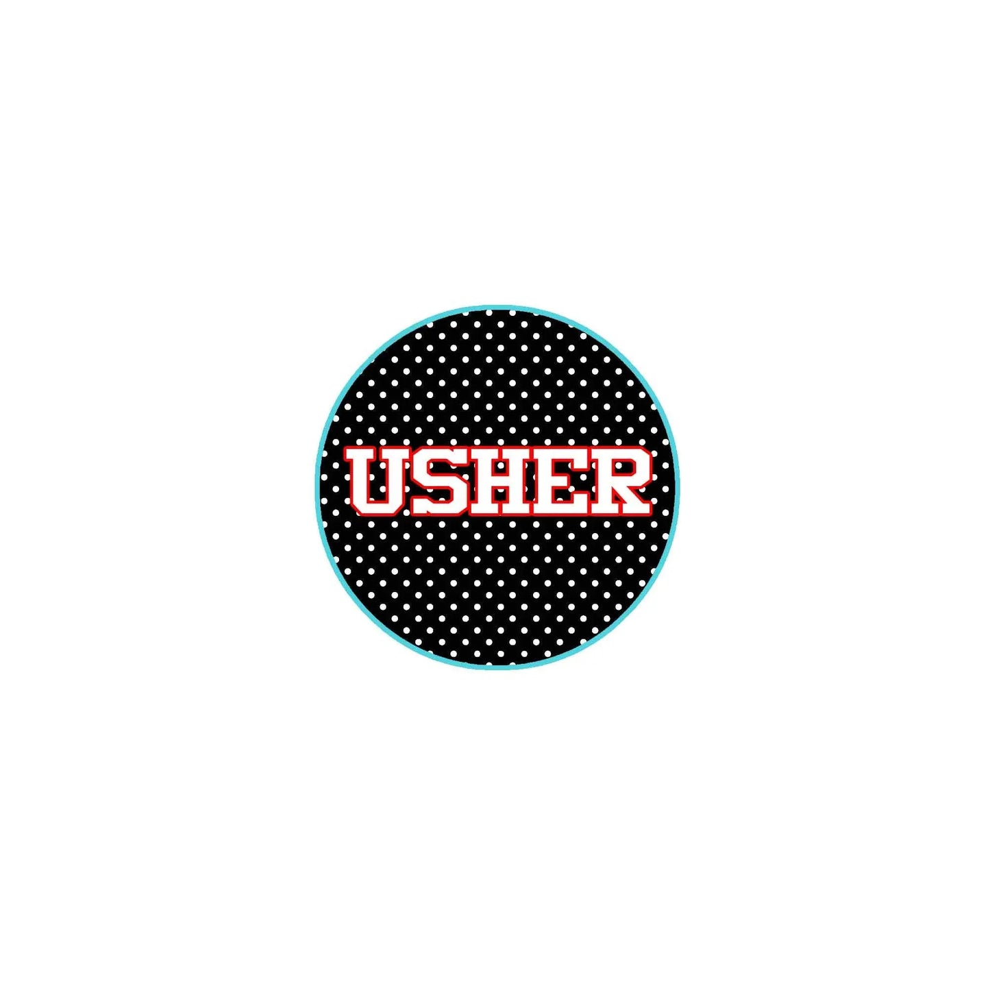 USHER pinback button, round black with white dots and teal rim, logo center