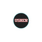 USHER pinback button, round black with white dots and teal rim, logo center