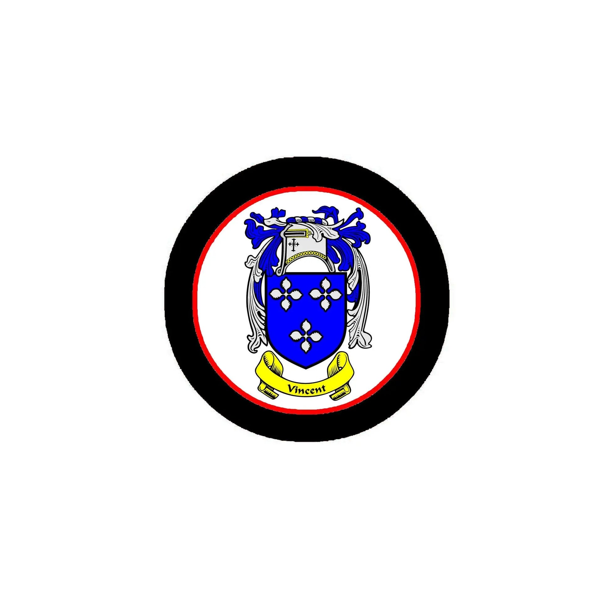 Round coat of arms pin badge with blue shield, yellow ribbon, and black border