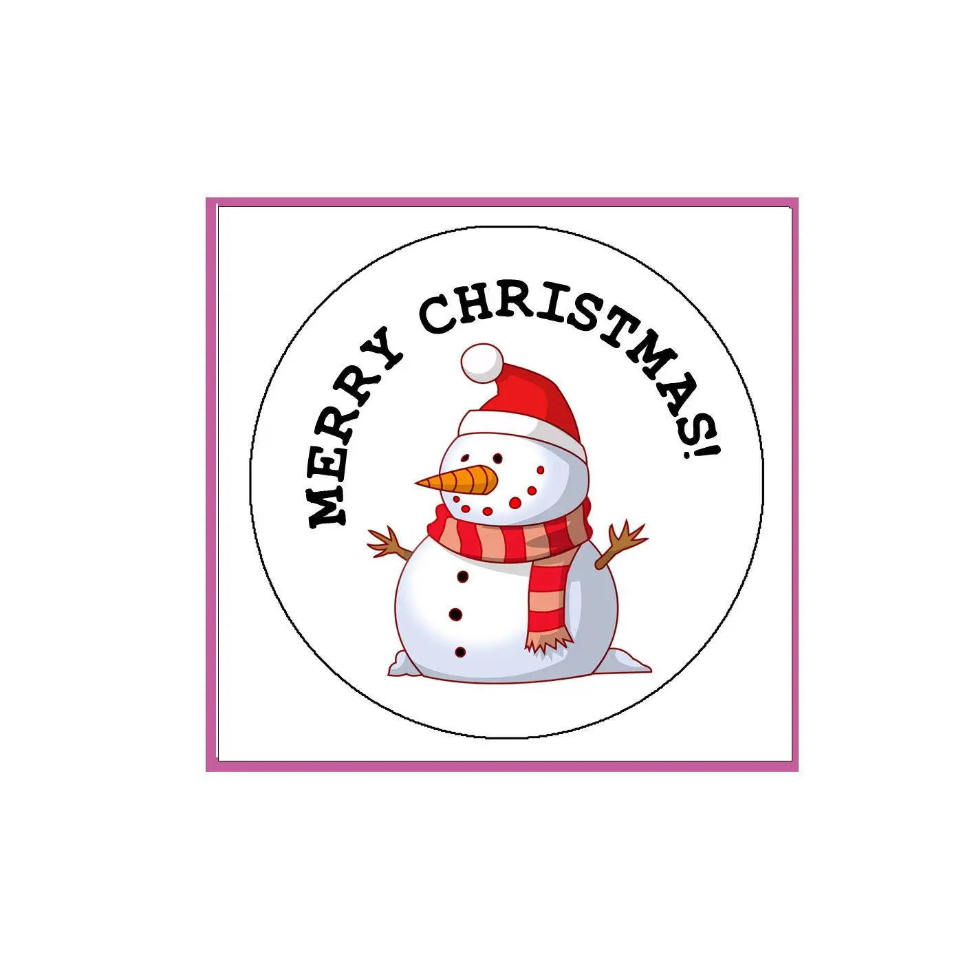 Merry Christmas snowman pinback badge with red hat and scarf, circular text border