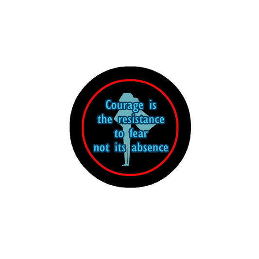 Round pinback button pin, black with red outline and blue quote text