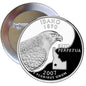 2.25-inch Idaho quarter pinback button, silver round with eagle and IDAHO text